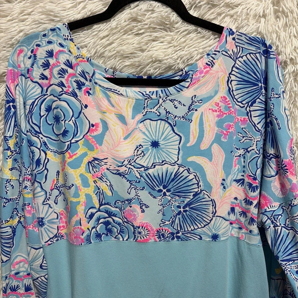 Lilly Pulitzer Finn Top Women's XL Blue Floral Boat Neck Long Sleeve Pima Cotton - Picture 4 of 7